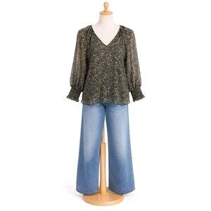 Ramy Brook New York Blouse Womens Small Olive Green Abstract Print V Neck